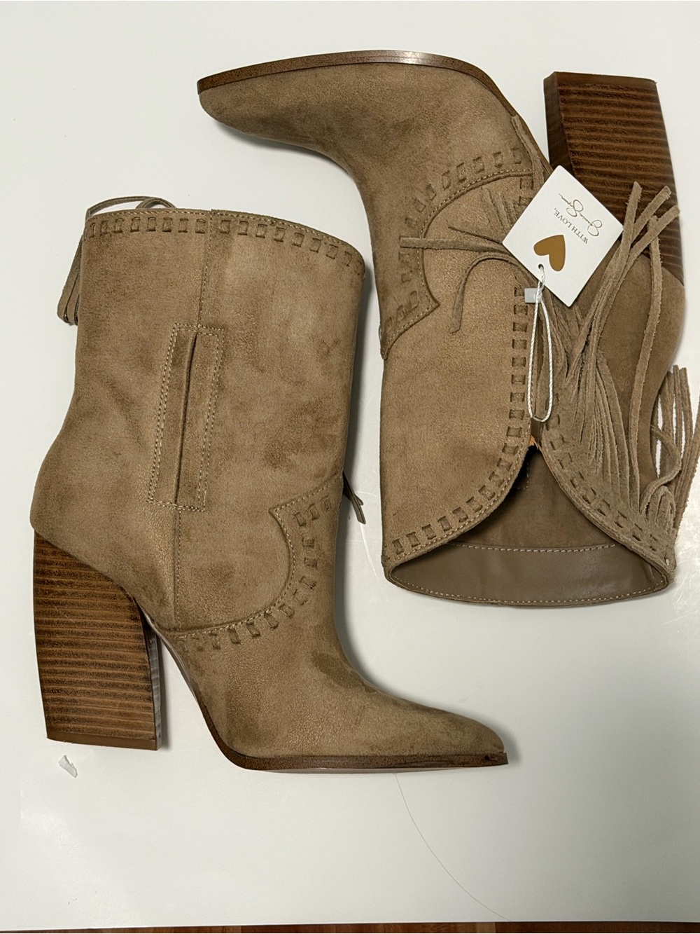 Jessica Simpson Taupe Fringe Suede Western Block Heel Ankle Boots